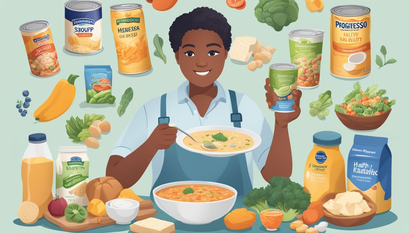 A person with diabetes holding a can of Progresso Light soup, surrounded by various healthy food options and a nutrition label