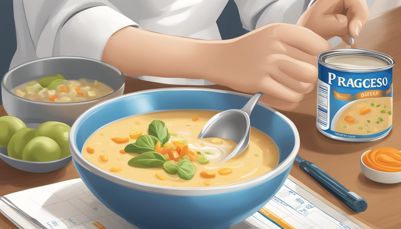 A diabetic sits at a table with a bowl of Progresso Light soup and a nutrition label, carefully measuring out a portion with a measuring cup