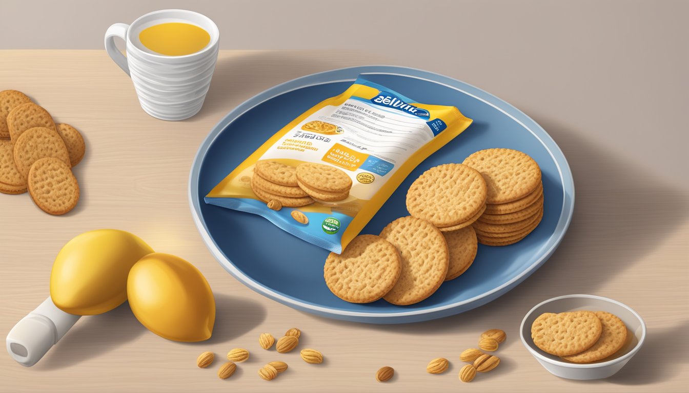 A plate with a portion of Belvita breakfast biscuits next to a measuring cup and a nutritional information label