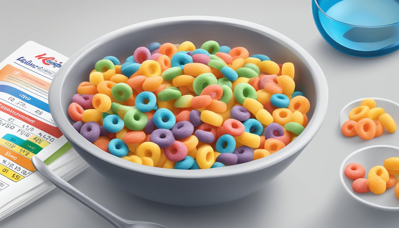 A bowl of Kellogg's Froot Loops with a spoon, a measuring cup, and a nutrition label