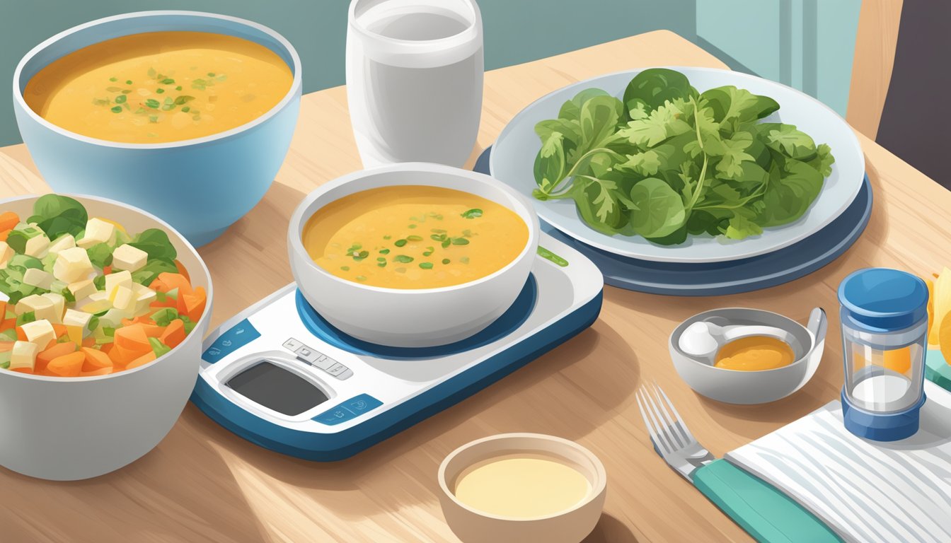 A table with a bowl of Progresso Light soup next to a diabetes-friendly meal plan and a blood glucose monitor