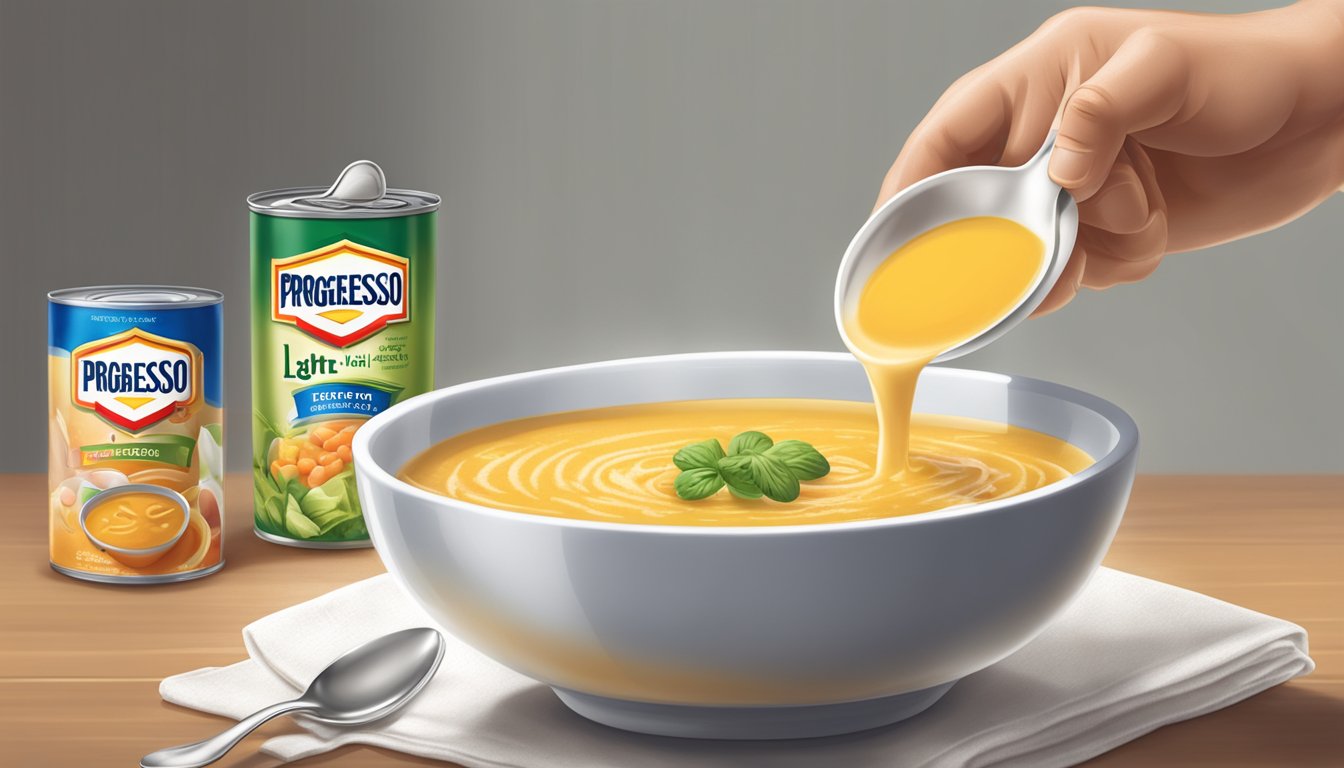 A person pouring a measured portion of Progresso Light soup into a bowl, with a spoon and a napkin placed next to it