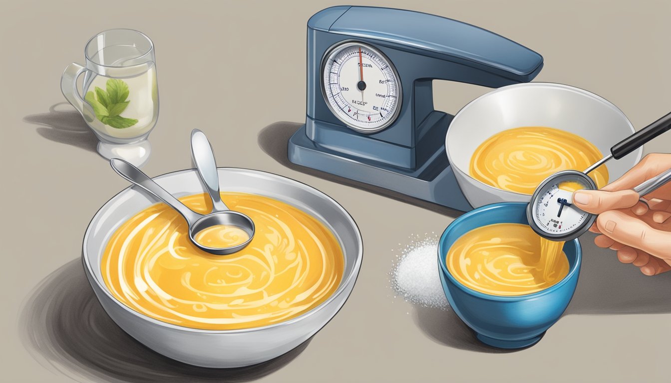 A diabetic carefully measuring and portioning out a bowl of Progresso Light soup with a measuring cup and a food scale