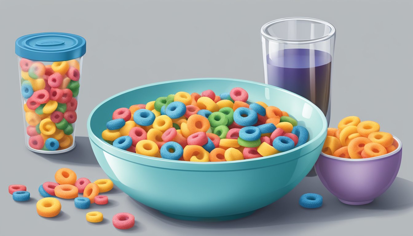 A bowl of Froot Loops with a measuring cup next to it, indicating portion control for a diabetic