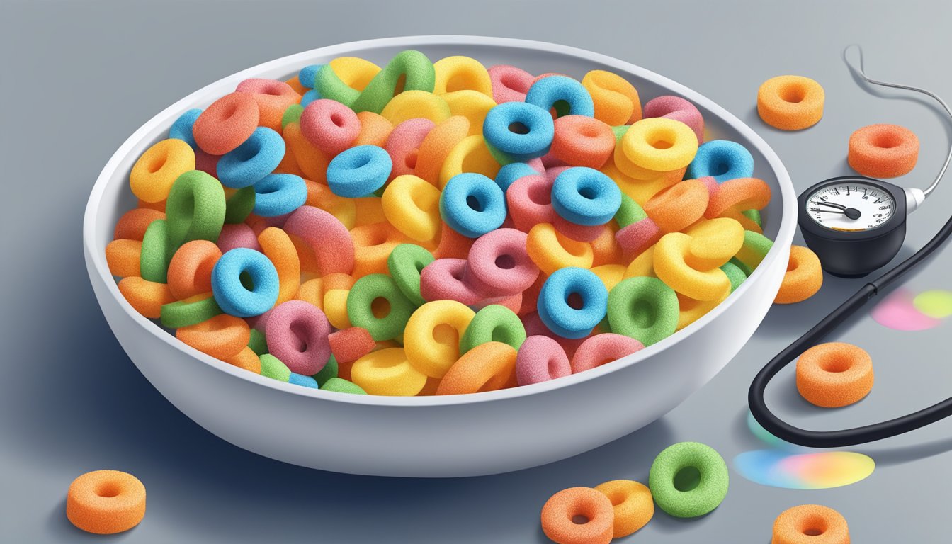 A bowl of Froot Loops surrounded by a measuring tape and a blood sugar monitor