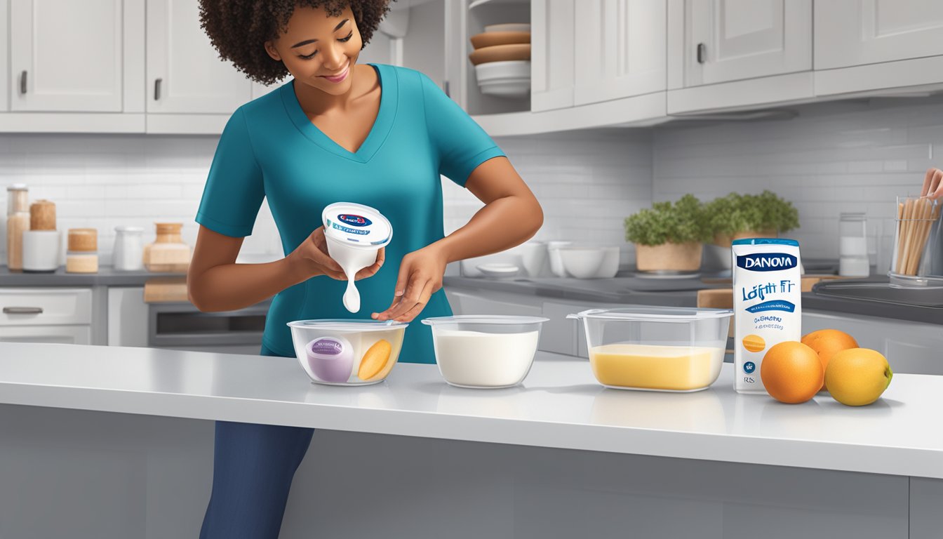 A diabetic person measuring out a serving of Dannon Light & Fit yogurt with a measuring cup on a clean, organized kitchen counter