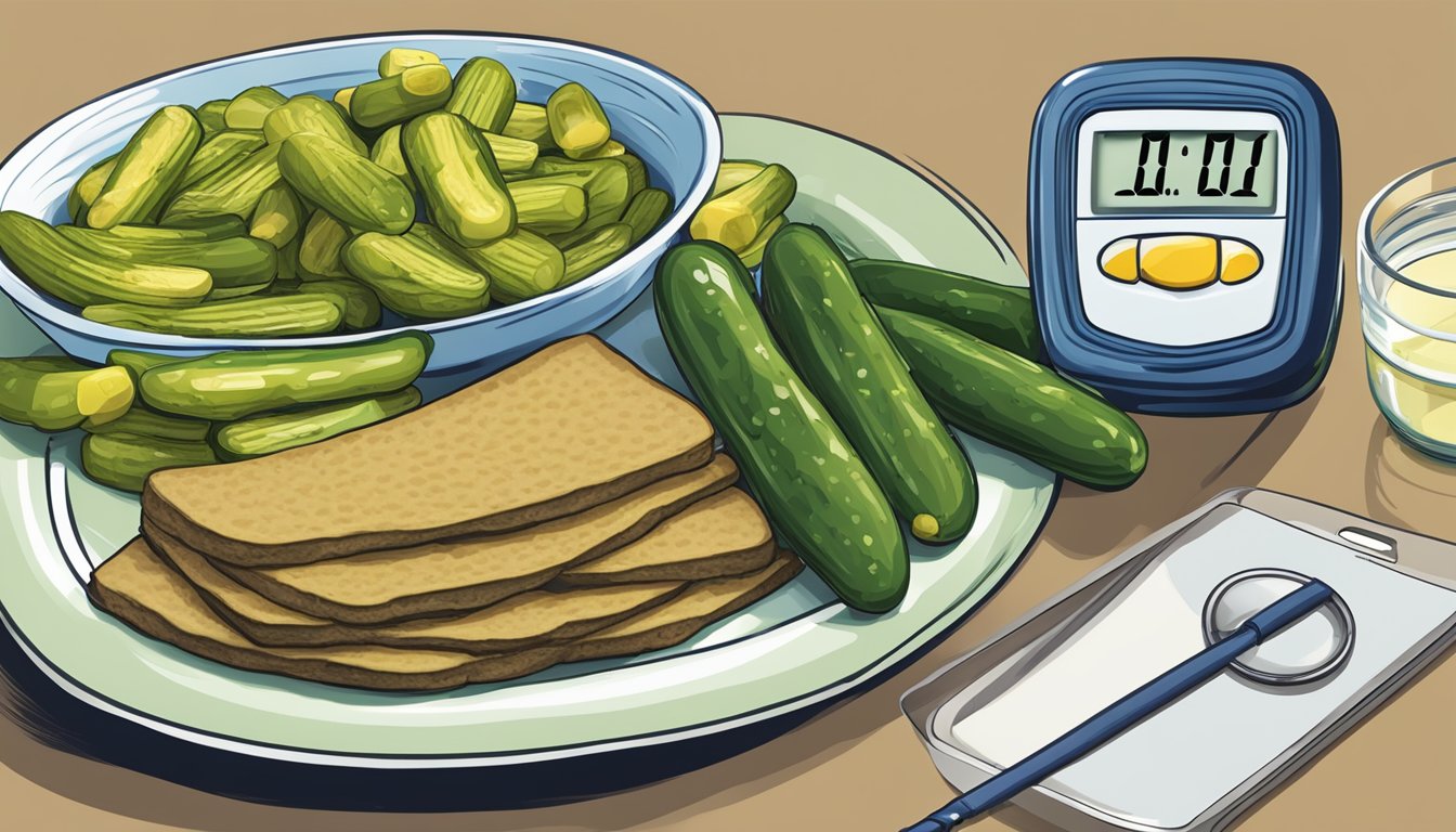 A diabetic-friendly meal with a plate of Vlasic pickles, a measuring cup, and a blood glucose meter on a table