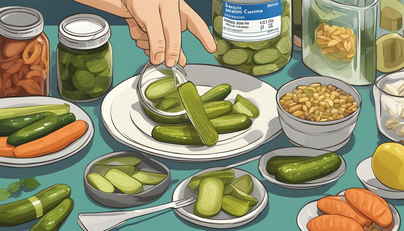 A diabetic measuring out a portion of Vlasic pickles onto a plate, surrounded by various other food items and a nutrition label