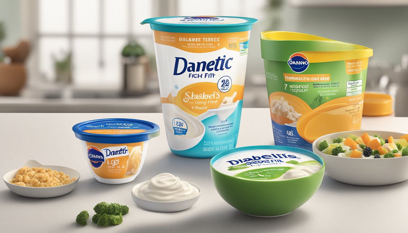 A diabetic meal plan with a portion of Dannon Light & Fit yogurt beside a measuring cup and a diabetes-friendly meal