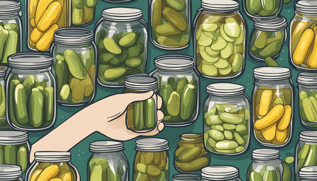 A diabetic holding a single Vlasic pickle jar, surrounded by various pickle jars with different serving sizes labeled