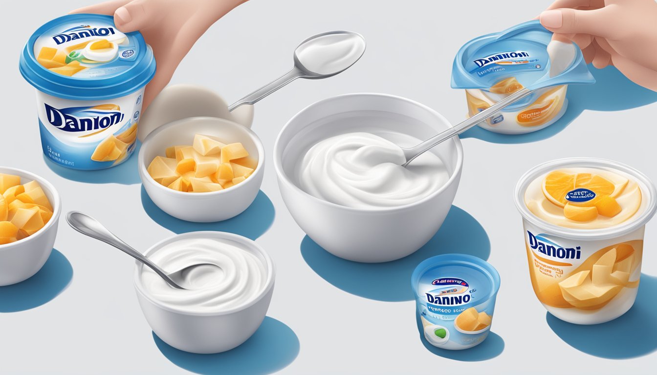 A diabetic hand holding a spoon, scooping a serving of Dannon Light & Fit yogurt from a container, with other containers of yogurt nearby