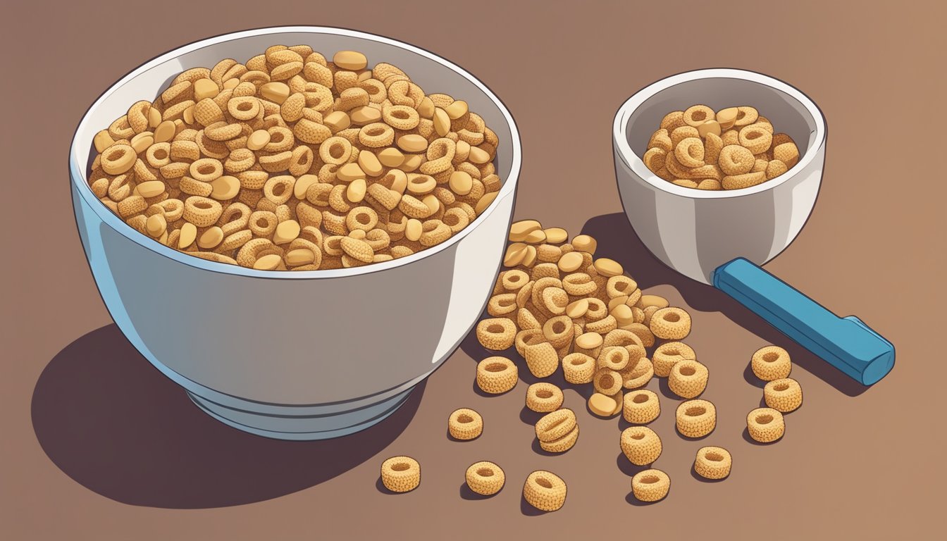 A bowl of Multi-Grain Cheerios with a measuring cup beside it, indicating portion control for a diabetic