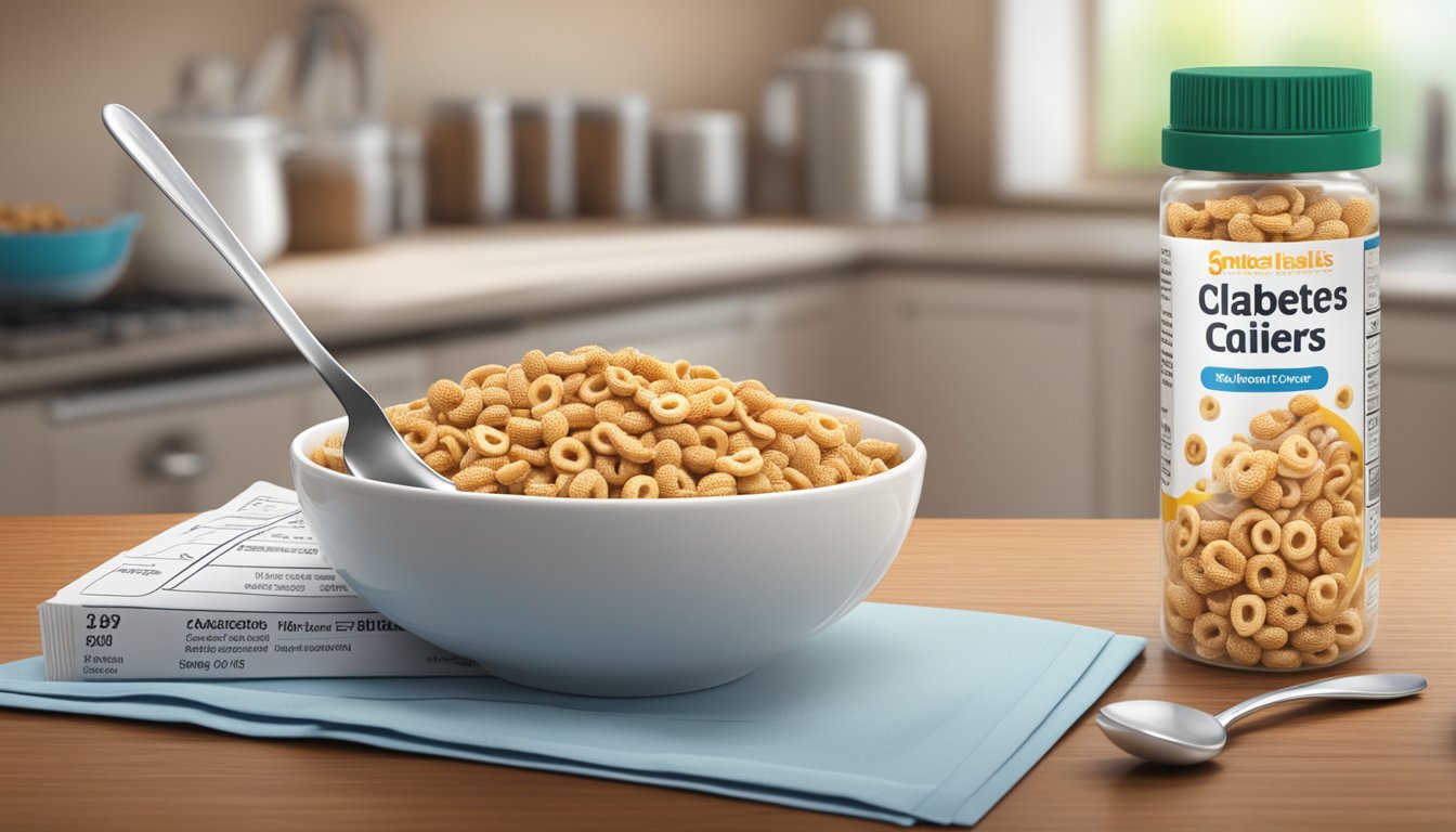 A bowl of Multi-Grain Cheerios with a spoon, a nutrition label, and a diabetic testing kit on a kitchen table