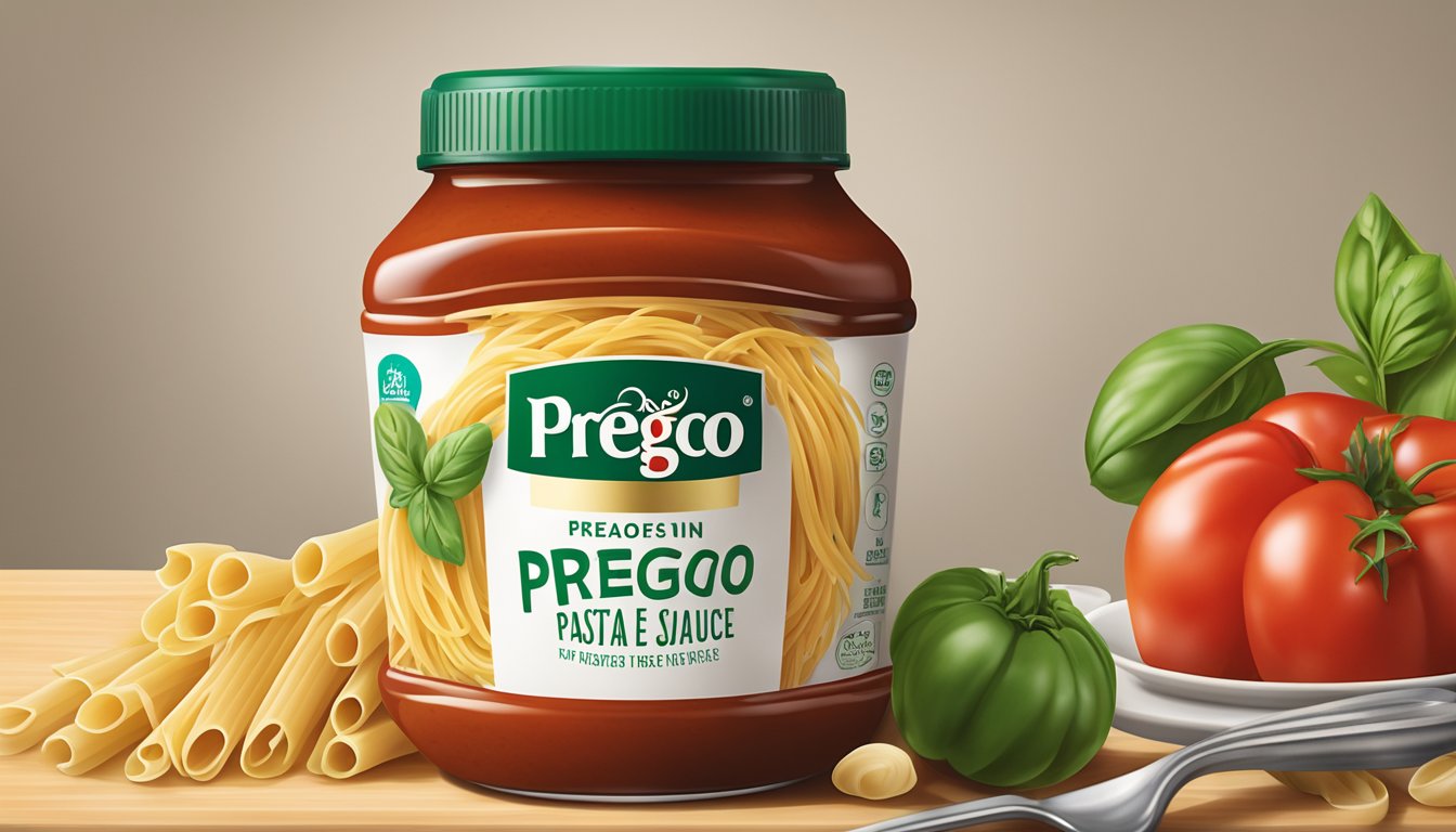 A jar of Prego pasta sauce with a measuring spoon next to it