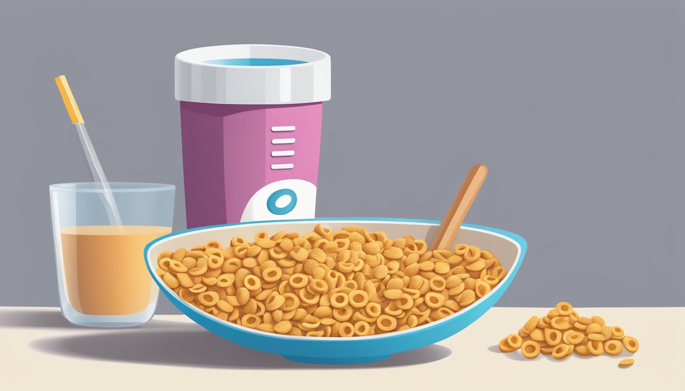 A bowl of Multi-Grain Cheerios with a measuring cup next to it, indicating portion size for a diabetic