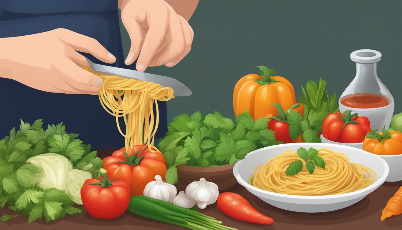 A diabetic carefully measures out a small portion of Prego pasta sauce into a bowl, surrounded by various fresh vegetables and herbs for making a homemade healthy alternative