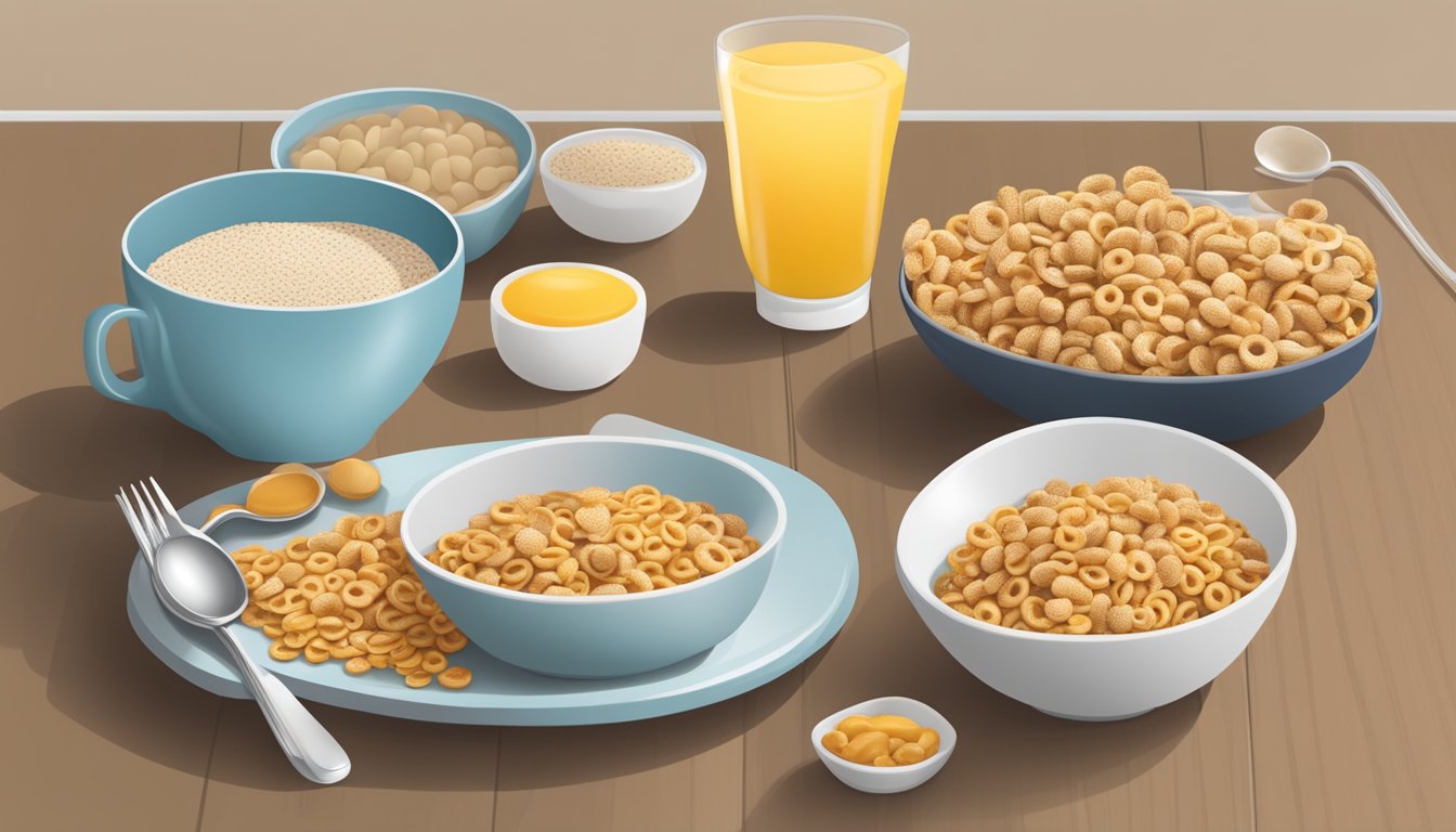 A bowl of Multi-Grain Cheerios with a measured portion next to a diabetes-friendly breakfast plate