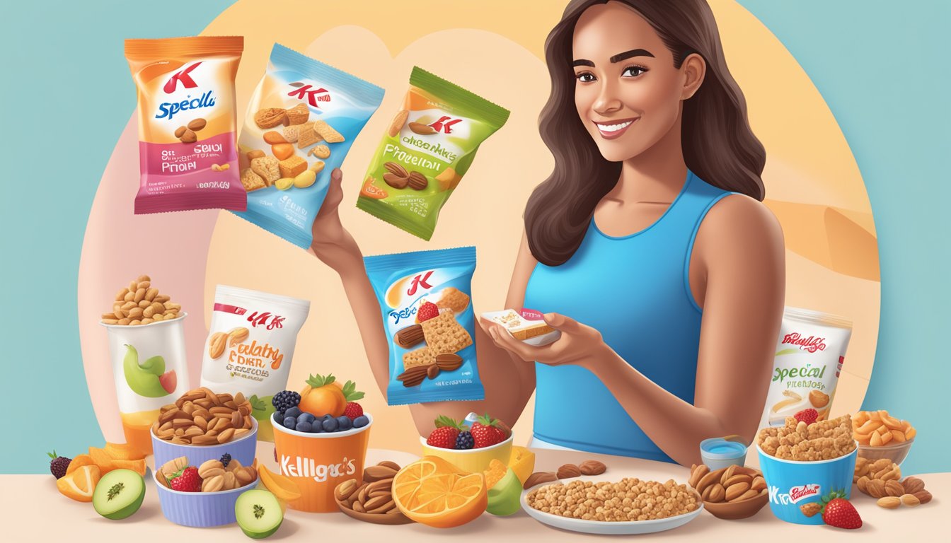 A diabetic person holding a Kellogg's Special K Protein bar, surrounded by various healthy snack options like fruits, nuts, and yogurt