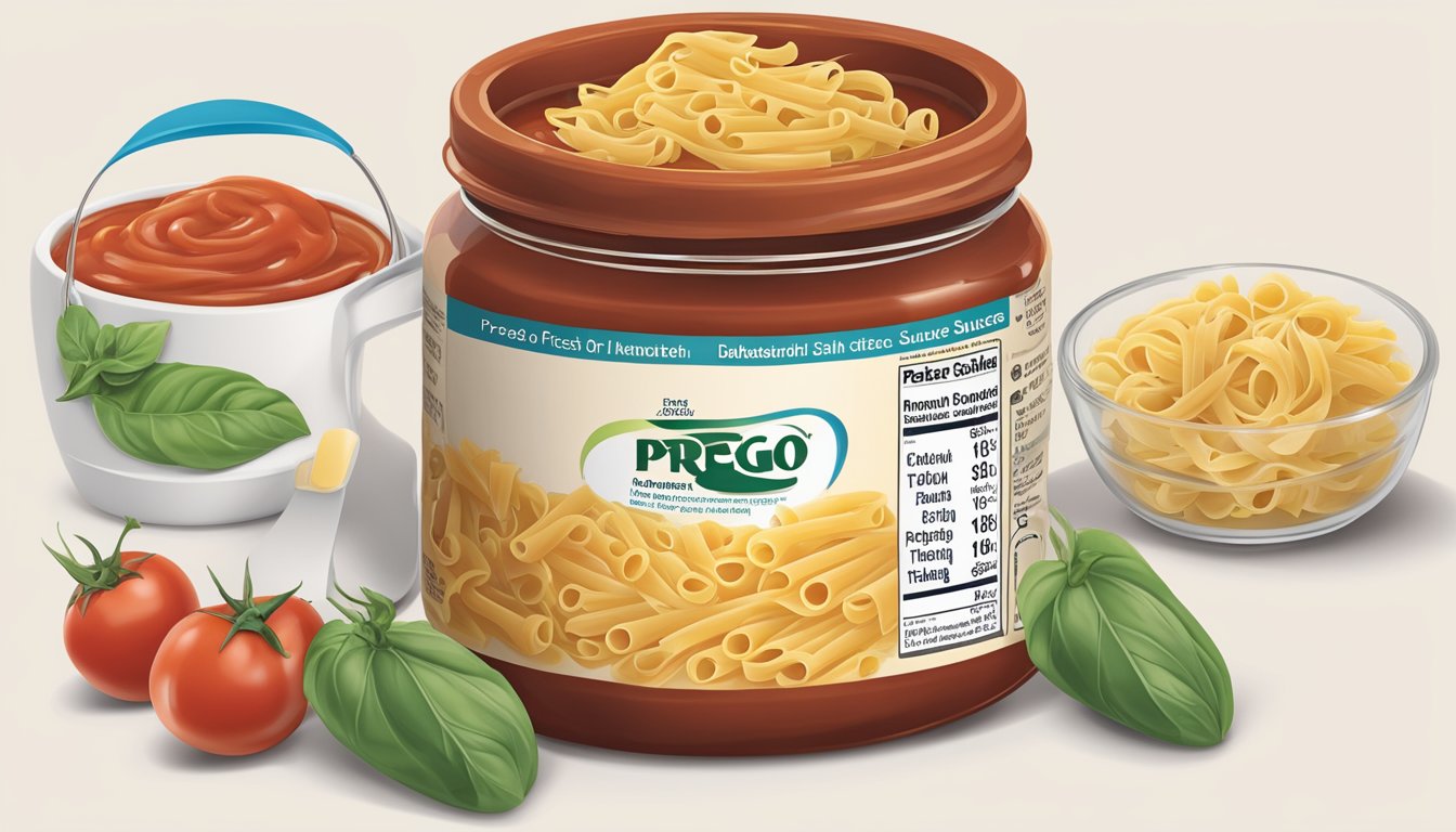 A jar of Prego pasta sauce with a measuring cup next to it, showing the recommended portion size for diabetics