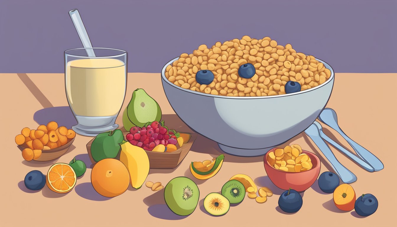 A bowl of Multi-Grain Cheerios surrounded by a variety of colorful fruits and a measuring cup to indicate portion size