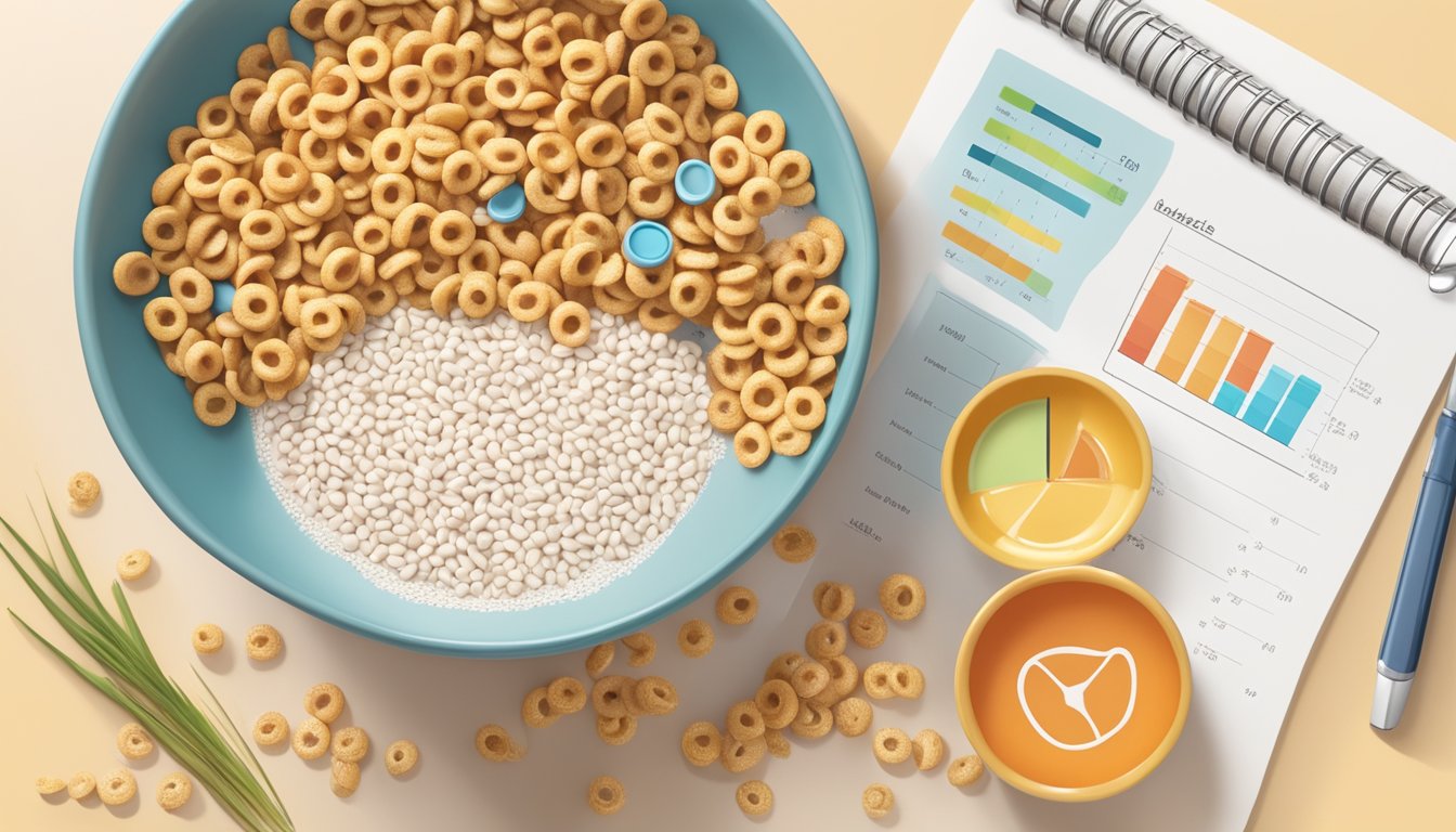 A bowl of Multi-Grain Cheerios with a measuring cup and a diabetes-friendly food chart on the table