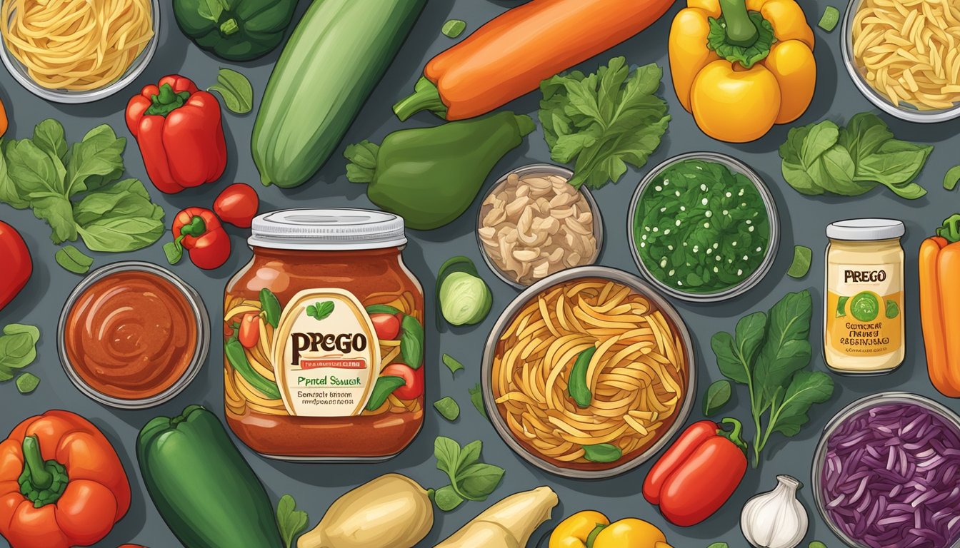 A jar of Prego pasta sauce surrounded by colorful, nutrient-rich vegetables like spinach, bell peppers, and zucchini, with a diabetic-friendly portion size highlighted