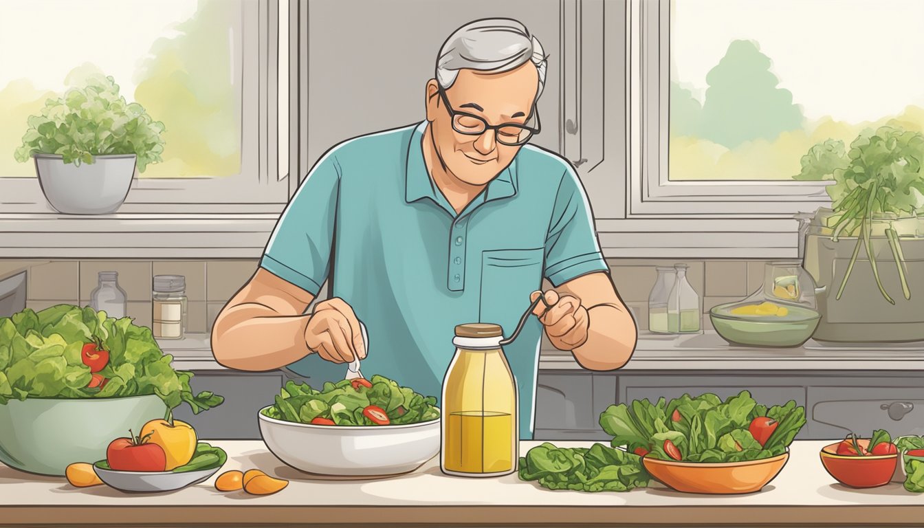 A diabetic carefully measures Newman's Own salad dressing into a small dish, checking the nutritional information on the bottle