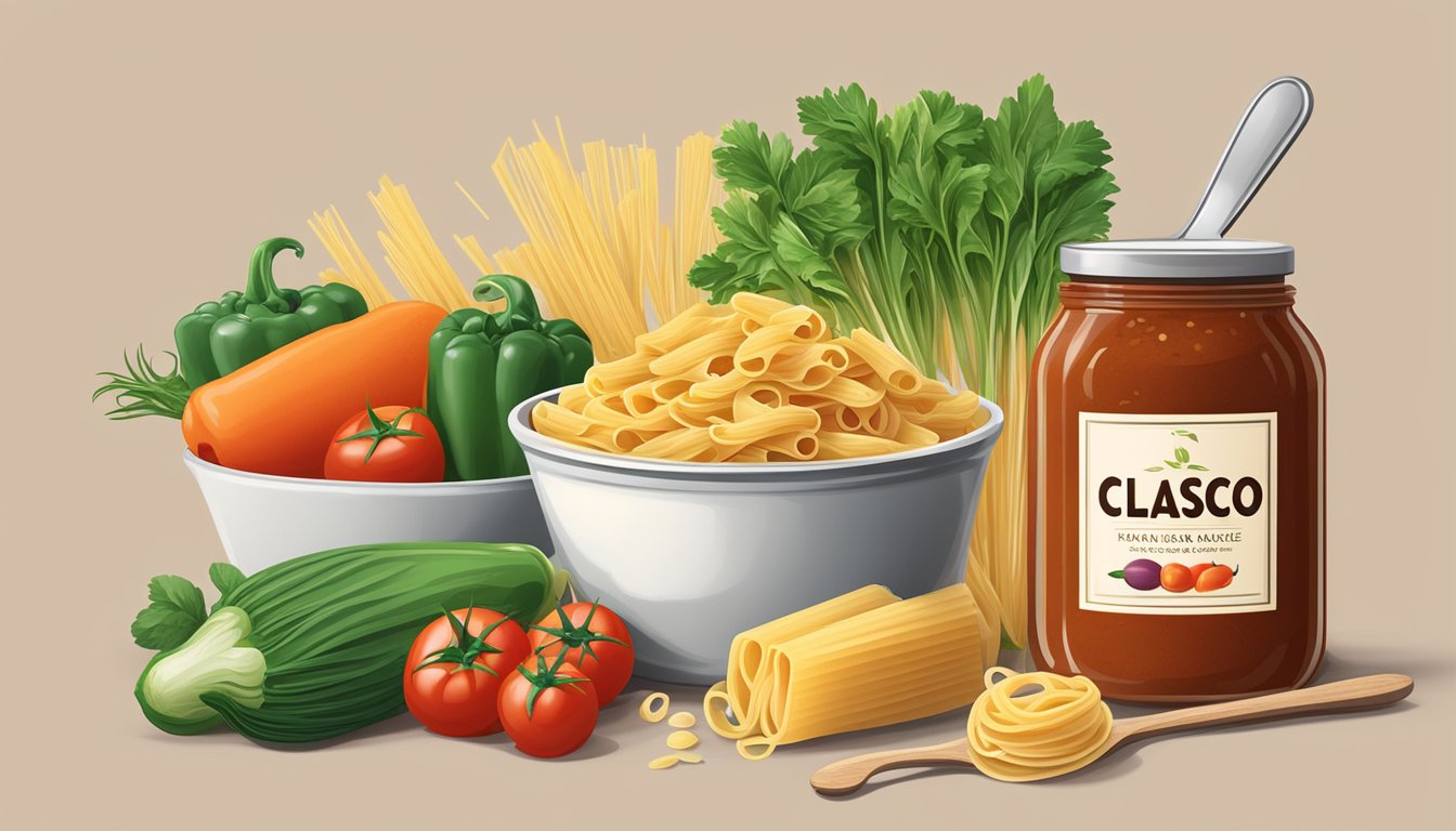 A jar of Classico pasta sauce with a measuring spoon next to it, surrounded by various fresh vegetables and whole grain pasta