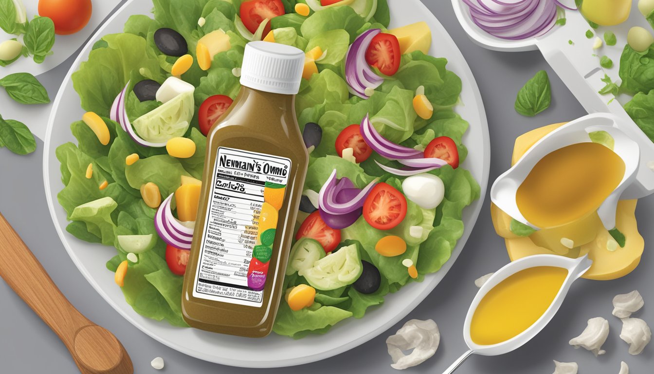 A bottle of Newman's Own salad dressing with a diabetic-friendly label, surrounded by various salad ingredients and a measuring spoon