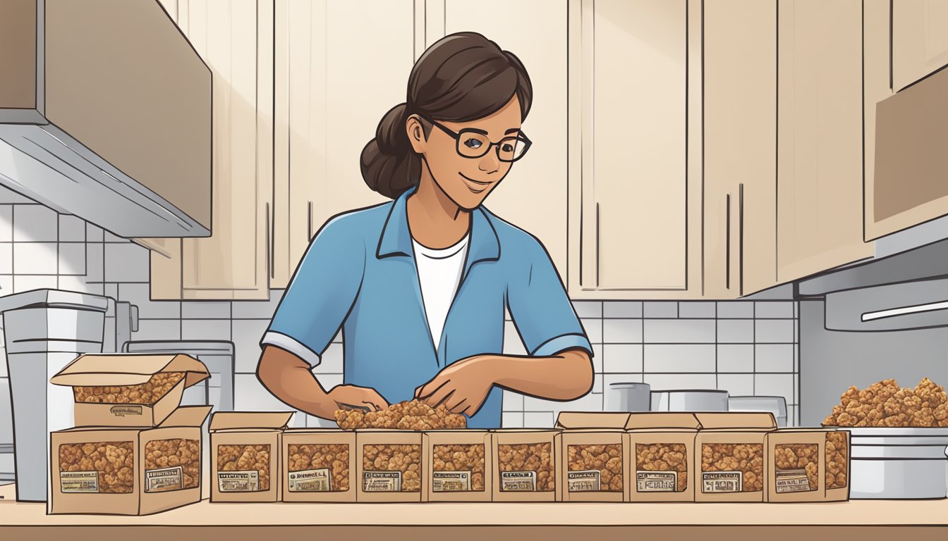 A diabetic person carefully examines a box of Quaker Chewy granola bars, counting them and considering portion sizes