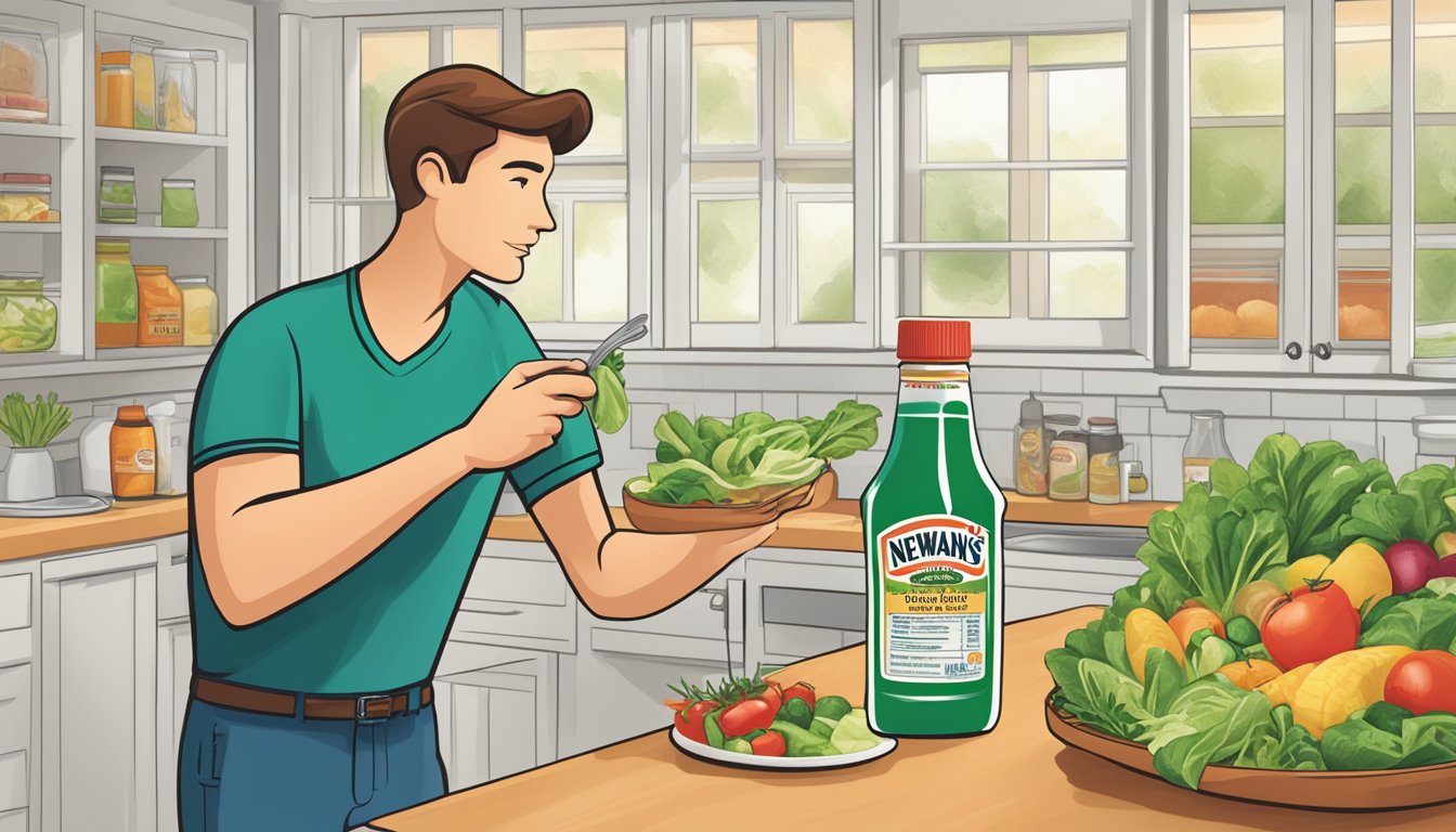 A diabetic carefully reads the nutrition label on a bottle of Newman's Own salad dressing, comparing it to their dietary restrictions