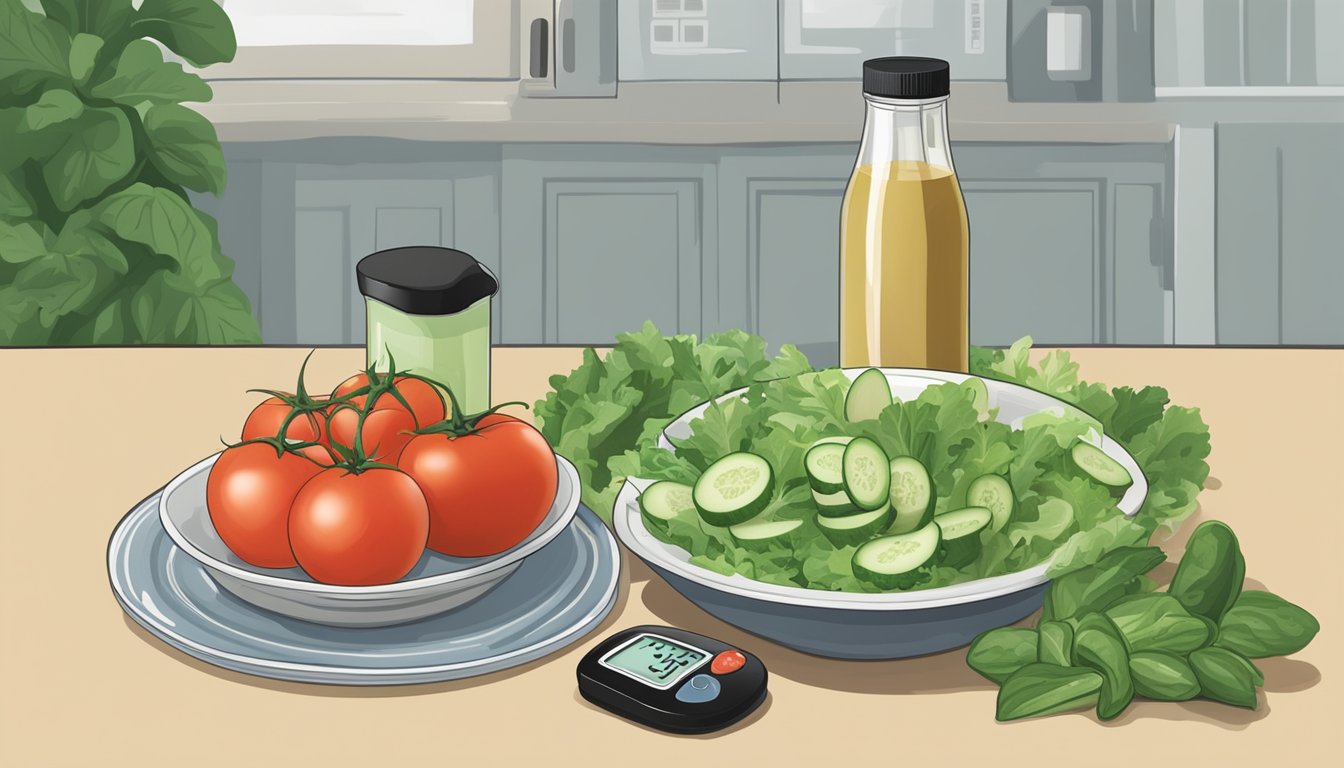 A bottle of Newman's Own salad dressing next to a blood glucose monitor and a plate of mixed greens, tomatoes, and cucumbers