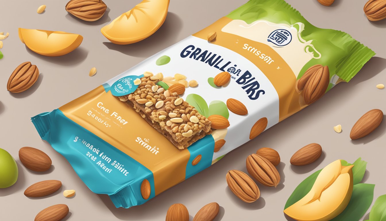 A granola bar package with a "Snack Smart" label next to a plate of fruits and nuts