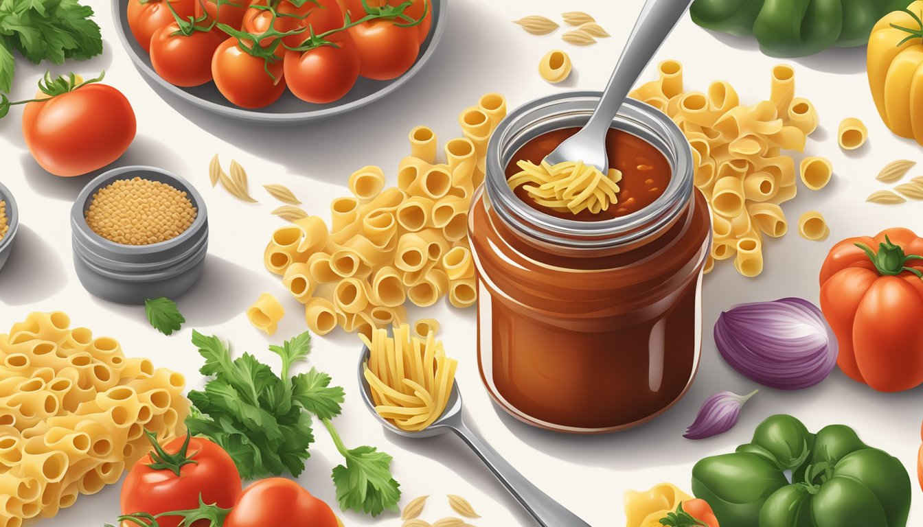 A jar of Classico pasta sauce with a measuring spoon next to it, surrounded by fresh vegetables and whole grain pasta