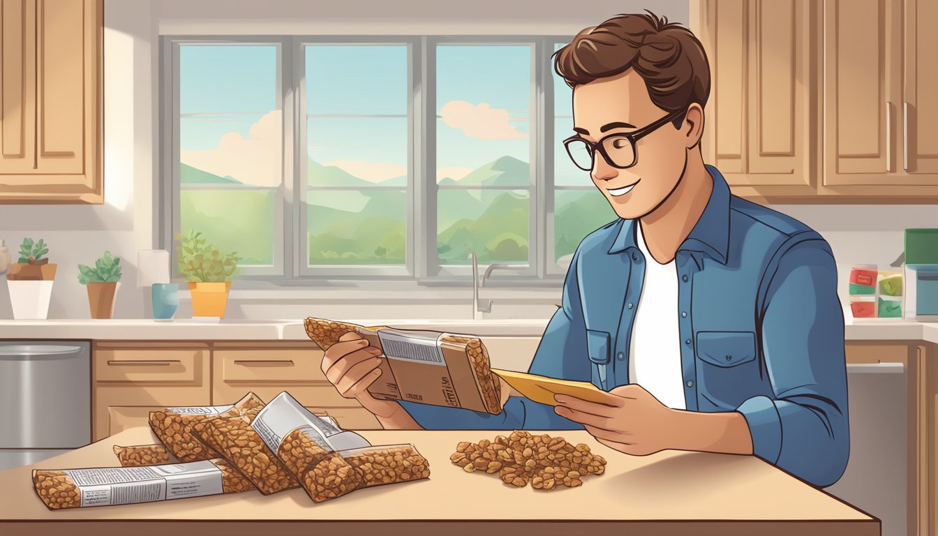 A diabetic holds a Quaker Chewy granola bar while reading the nutrition label. A pile of granola bars sits nearby