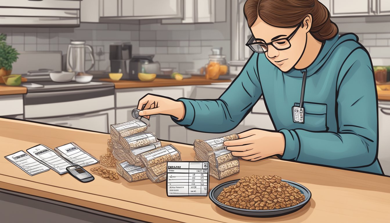 A diabetic person carefully counting out Quaker Chewy granola bars on a kitchen counter, with a nutrition label and blood glucose monitor nearby