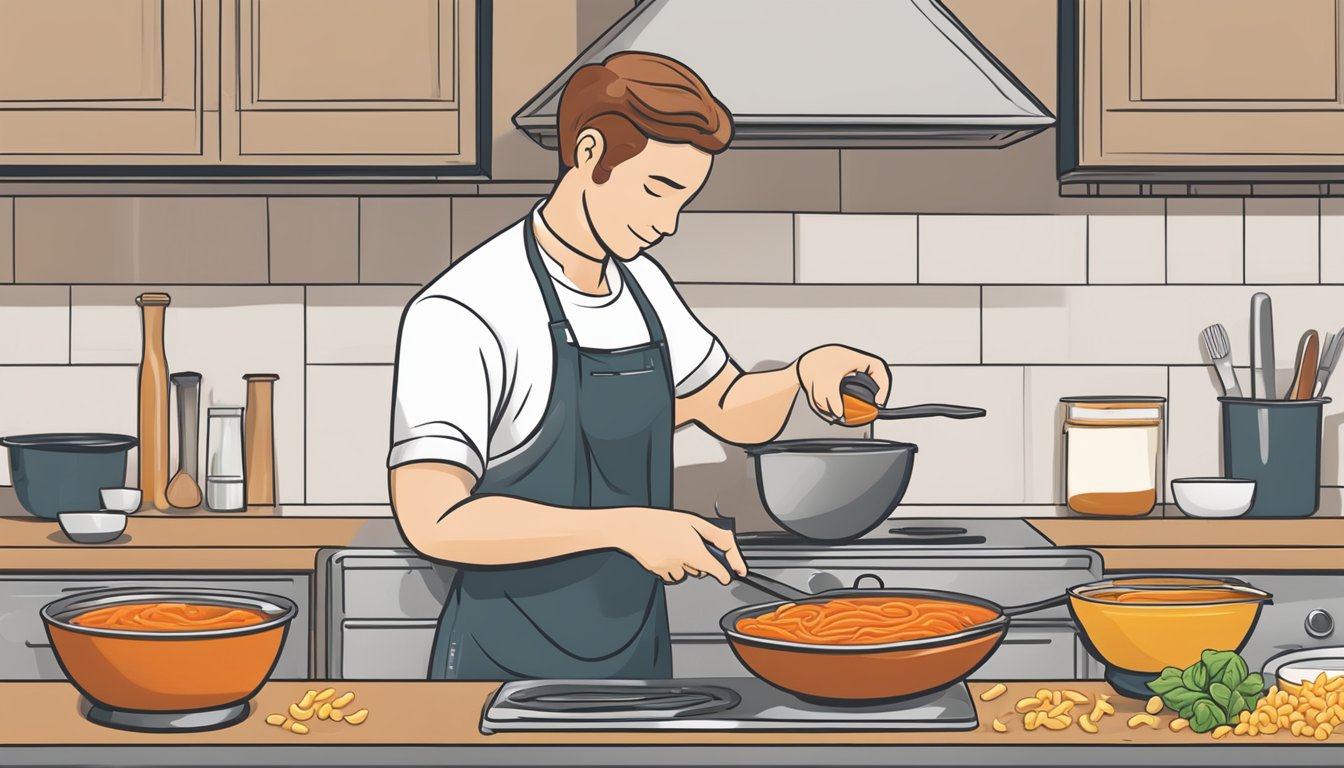 A person measuring Classico pasta sauce into a saucepan for a diabetic-friendly meal