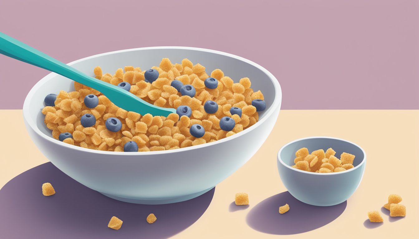 A bowl of Kashi GoLean Crunch cereal with a measuring cup next to it, indicating portion control for a diabetic