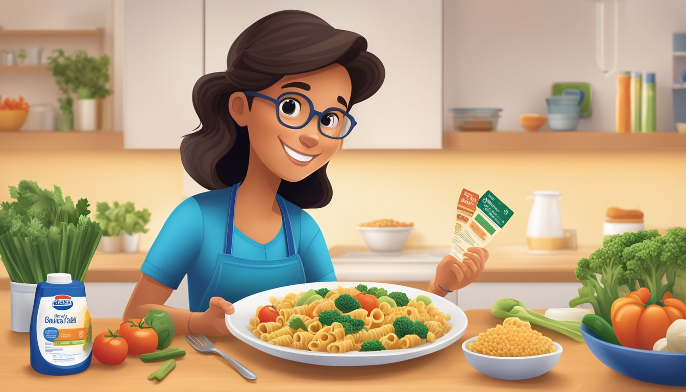 A diabetic measures out a portion of Barilla whole grain pasta onto a plate, surrounded by a variety of colorful vegetables and a nutrition label