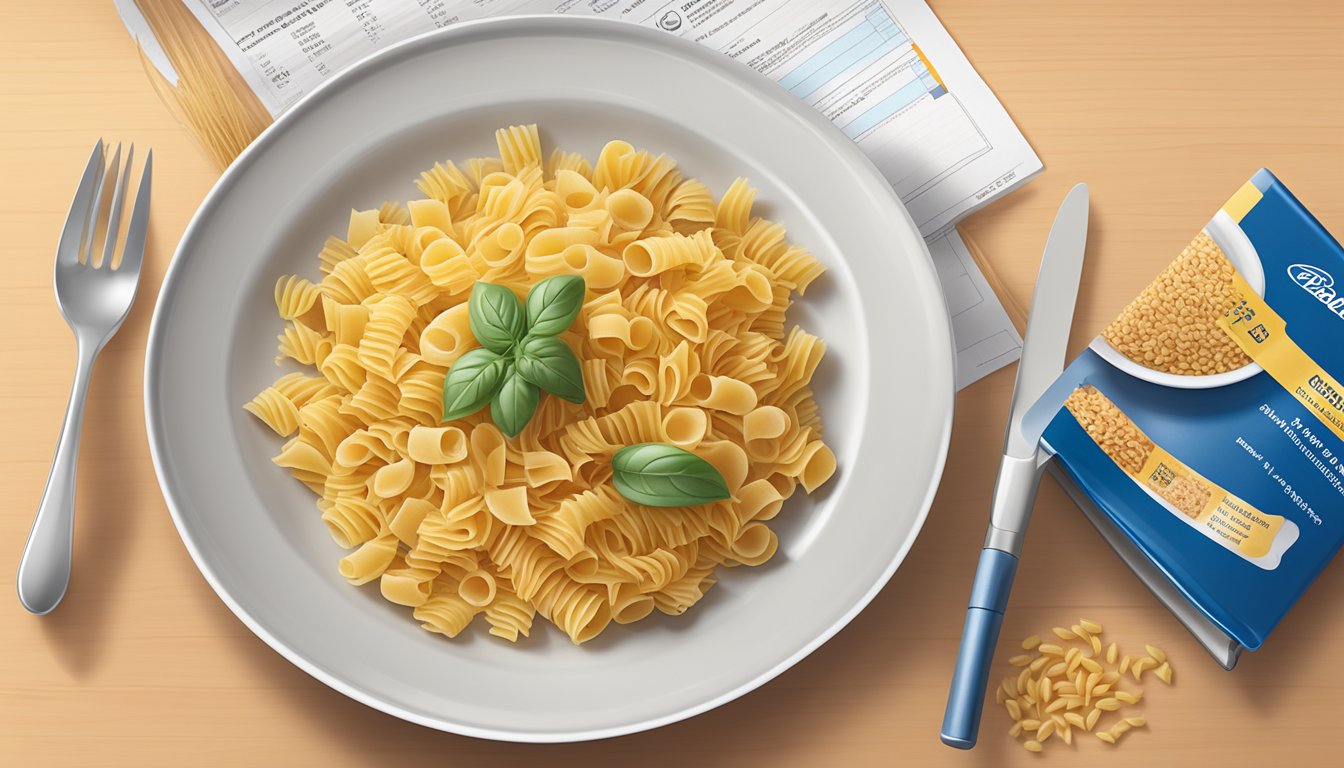 A plate with a measured portion of Barilla whole grain pasta next to a diabetes management guide