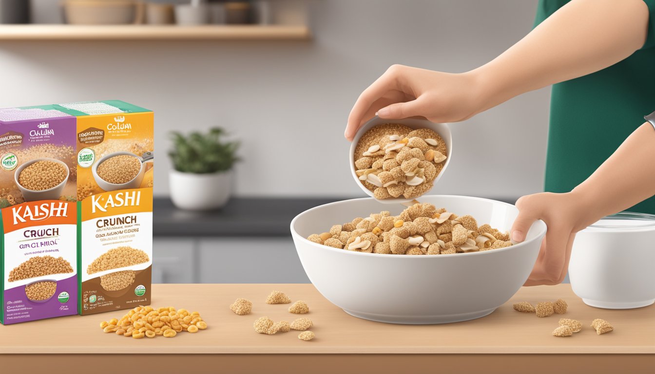 A person pouring a measured portion of Kashi GoLean Crunch cereal into a bowl, with a box of cereal and a nutrition label in the background