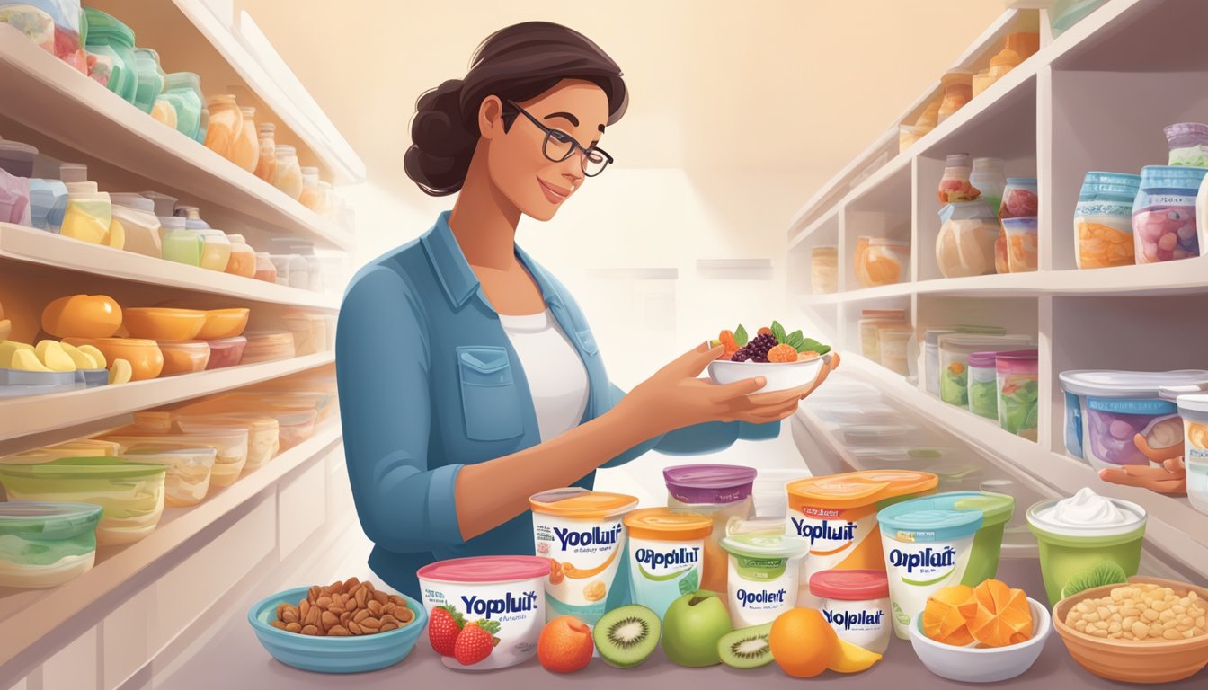 A diabetic woman carefully measures out a serving of Yoplait Whips yogurt into a small bowl, surrounded by various alternative yogurt options and healthy additions like fruit and nuts