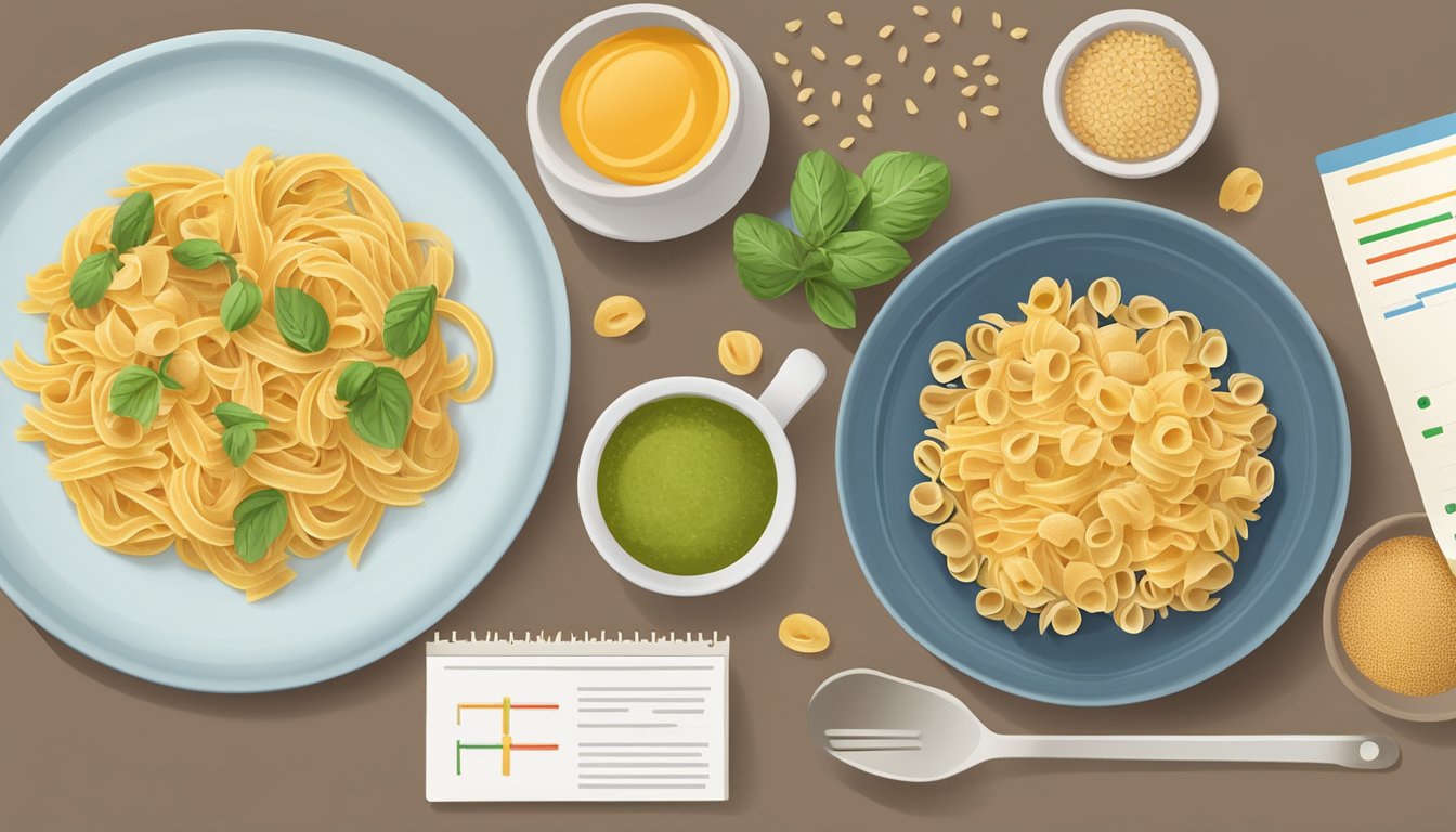 A plate of whole grain pasta with a measuring cup and a diabetes-friendly food guide