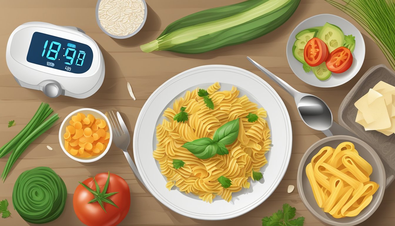 A plate of whole grain pasta with vegetables and a blood glucose monitor nearby