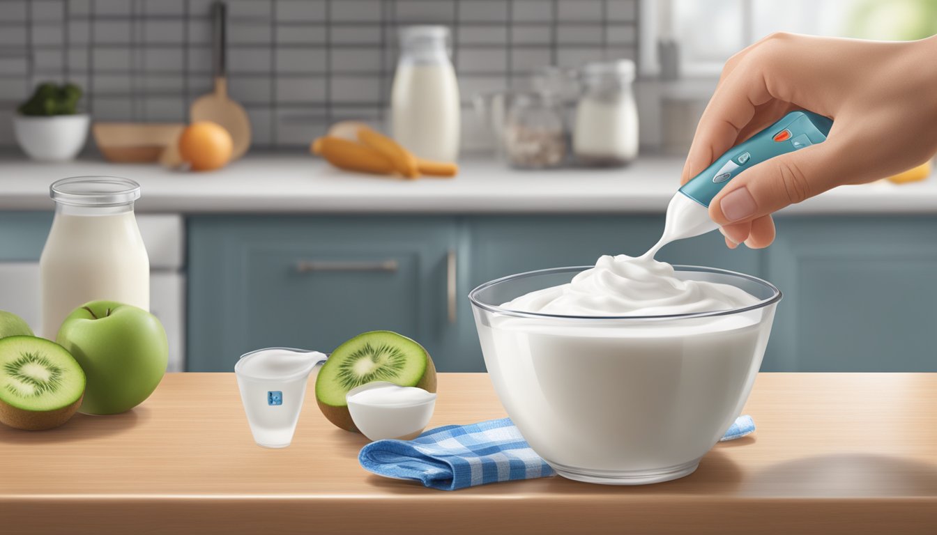 A diabetic measuring out a serving of Yoplait Whips yogurt with a measuring cup on a kitchen counter