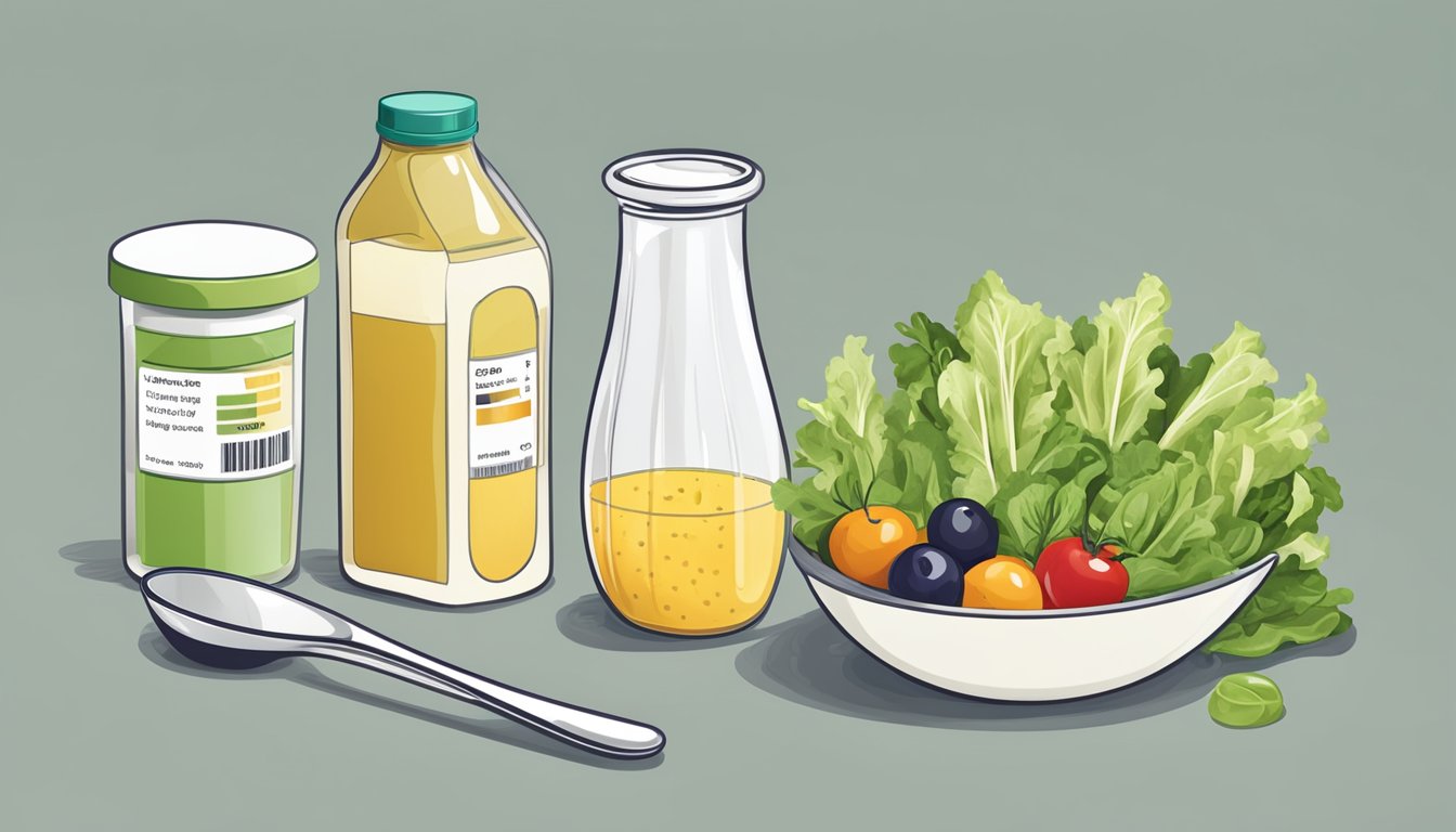 A diabetic measuring Wish-Bone salad dressing with a measuring spoon next to a salad bowl and a nutrition label