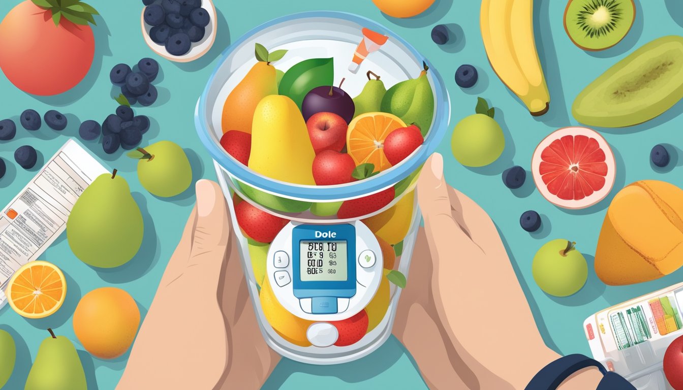 A diabetic person holding a Dole fruit cup, surrounded by various types of fruits, with a nutrition label and a blood glucose monitor nearby