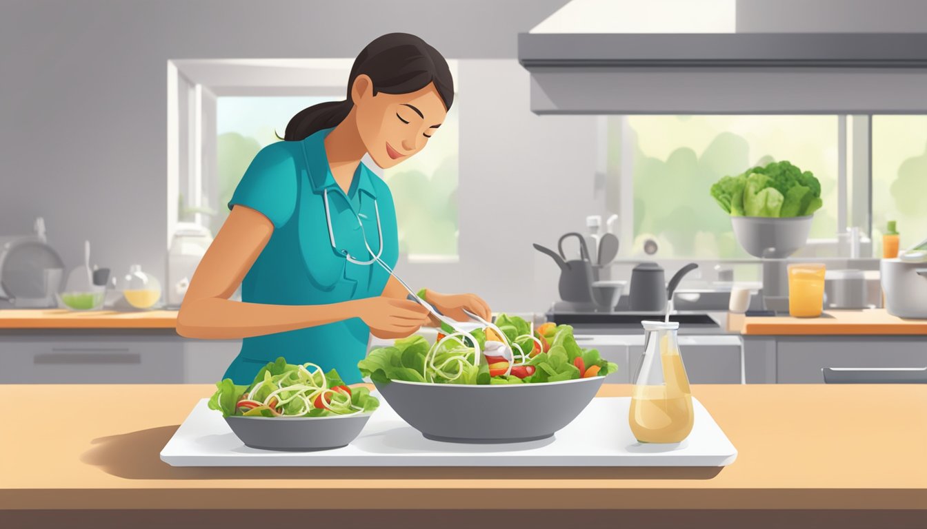 A diabetic carefully measuring and pouring Wish-Bone salad dressing onto a freshly made salad