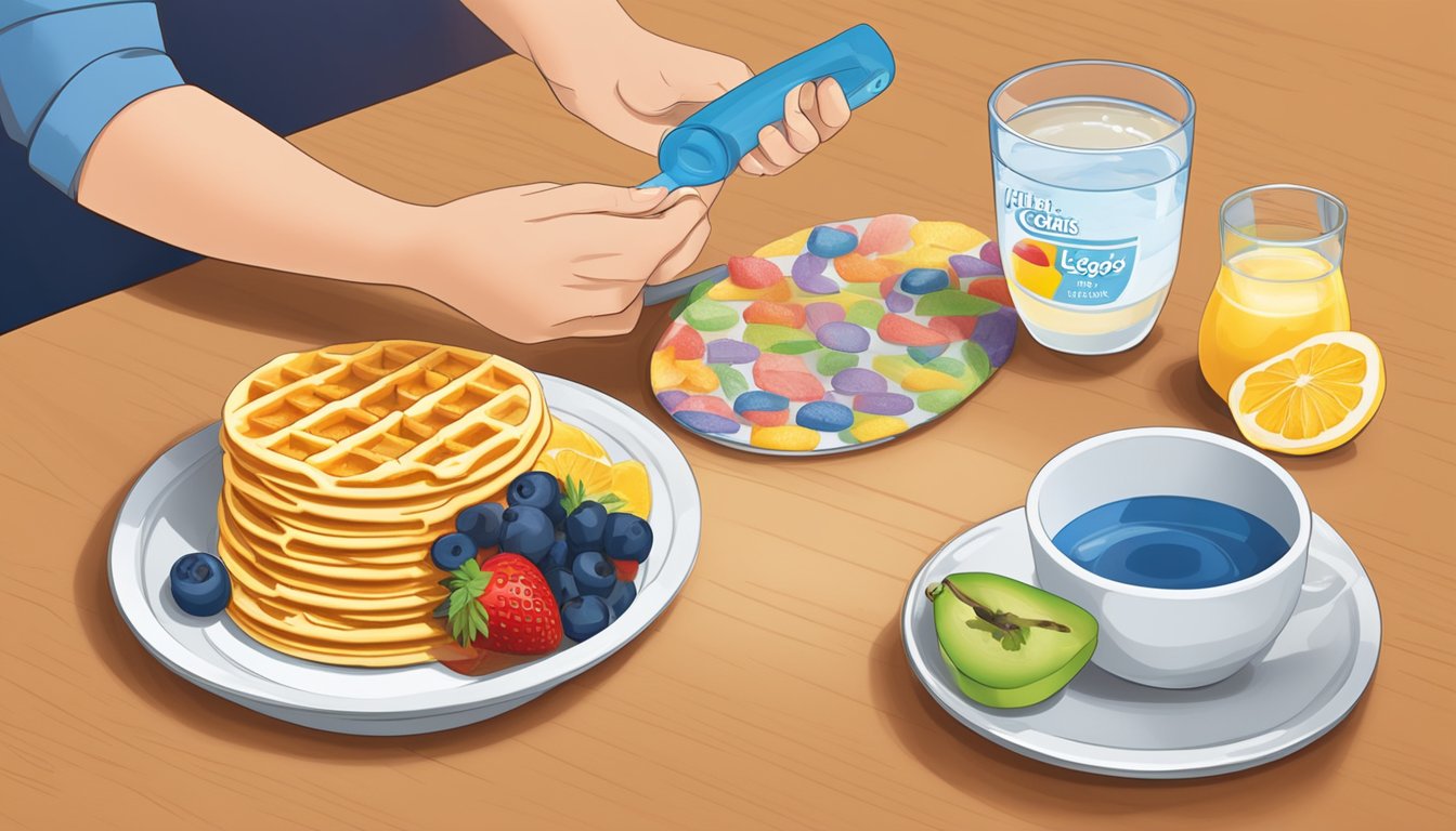 A diabetic carefully measures out and arranges a serving of Kellogg's Nutri-Grain Eggo waffles on a plate, alongside a portion of fruit and a glass of water