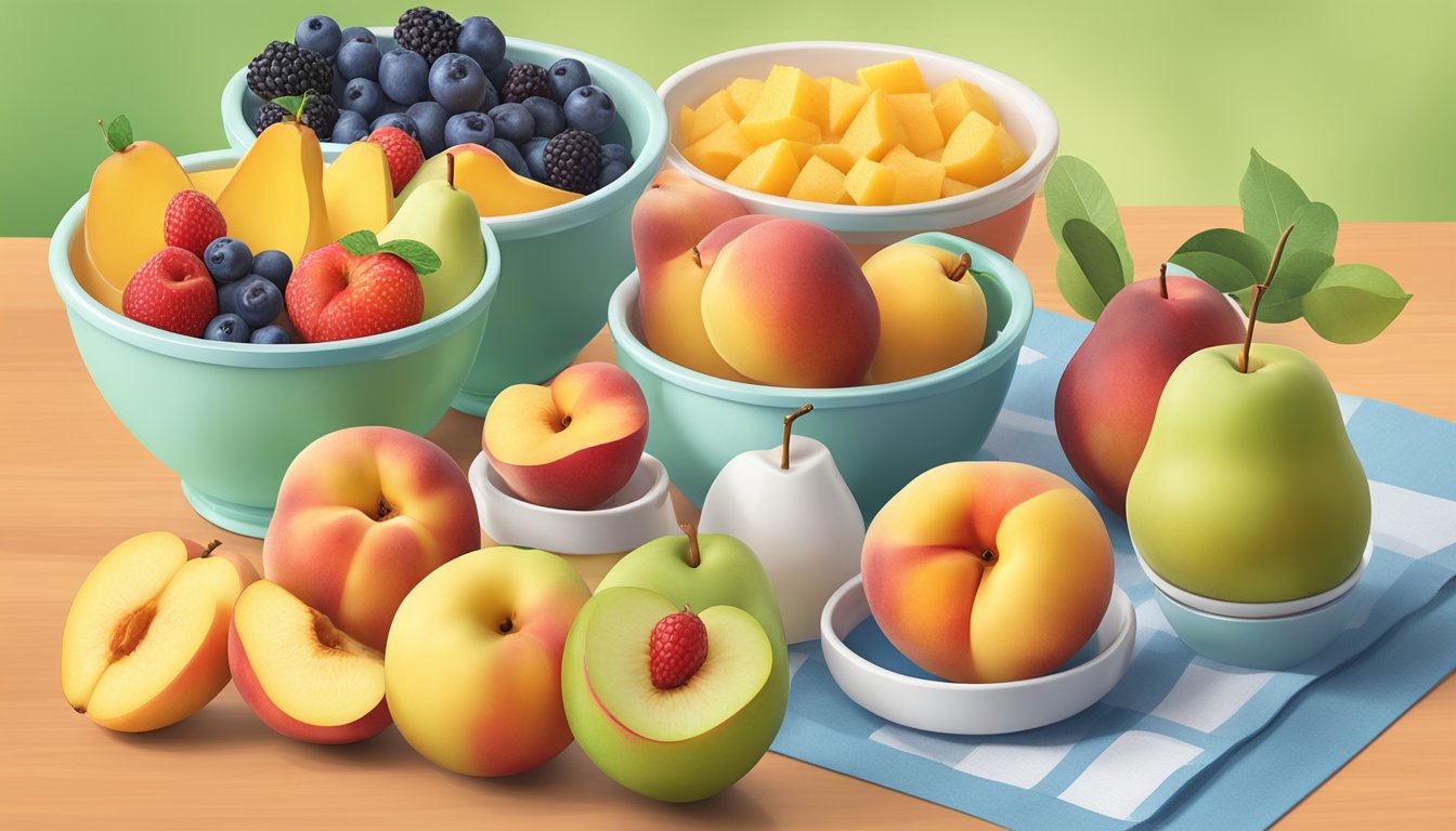 A colorful array of Dole fruit cups, including peaches, pears, and mixed fruit, arranged on a table with a measuring cup and a diabetes-friendly food guide